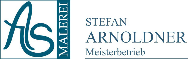 Ein Blau-grünes Logo auf weißem Untergrund, Schrift zug AS für Stefan Arnoldner und dann Stefan Arnoldner Meisterbetrieb